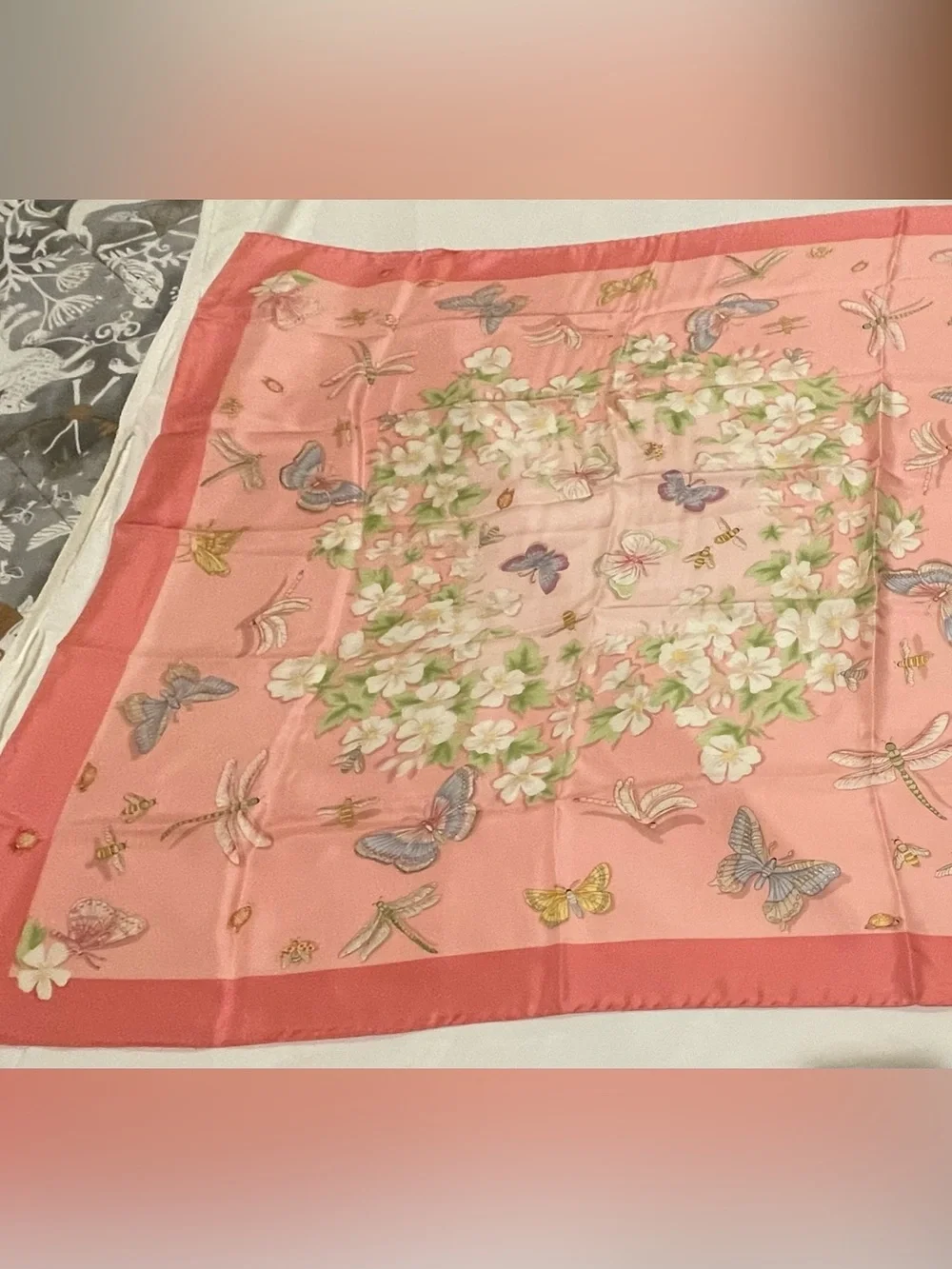 Beautiful scarf - Butterflies, dragonflies, & florals on a pink background